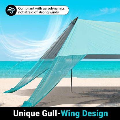 INSTANTENT® 15x9FT Beach Tent for Family, with UPF50+ Protection, Includes Sand Bags, Ground Pegs, Stability Poles, Easy Setup Beach Shade Canopy for Camping, Fishing, Backyard (Turquoise)