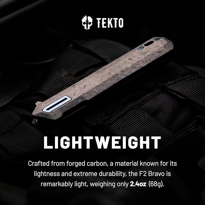F2 Bravo Folding Pocket Knife - D2 Steel Blade, Ceramic Ball Bearings - EDC - Snap, Swift Flip for Camping, Backpacking - 2.4oz (68g), Forged Carbon Handle, Blue Titanium Accents