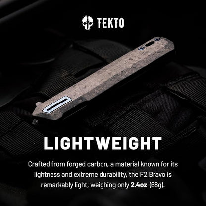 F2 Bravo Folding Pocket Knife - D2 Steel Blade, Ceramic Ball Bearings - EDC - Snap, Swift Flip for Camping, Backpacking - 2.4oz (68g), Forged Carbon Handle, Blue Titanium Accents