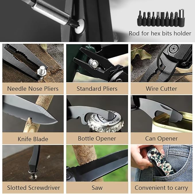 12-IN-1 Pocket Multitool (Camo) with Pocket Knife, Pliers, Can Opener, Bottle Opener, 9-in-1 Screwdriver Bit Set, Safety Locking and Nylon Sheath, Good for Outdoor, Camping and Hiking