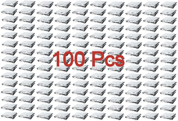 GALAXYLENSE Emergency Mylar Thermal Blanket for Survival First Aid Kits Army Outdoors Hiking Camping Bug Out Trauma Desert All Weather Condition Protection (100 Packs Silver)