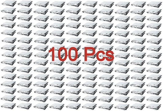 GALAXYLENSE Emergency Mylar Thermal Blanket for Survival First Aid Kits Army Outdoors Hiking Camping Bug Out Trauma Desert All Weather Condition Protection (100 Packs Silver)