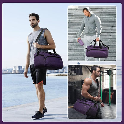 FIORETTO 35L Mens Sports Gym Bag with Toiletry Bag & Shoe Compartment, Travel Duffle Bag Overnight Bag with Padded Shoulder Strap, Sports Holdall for Swimming, Basketball Purple