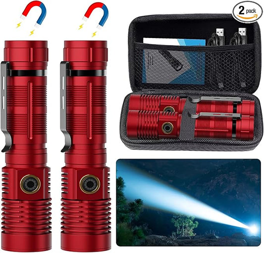 Small Tactical Flashlights 20000 High Lumens - 1500 Meters Long Beam Super Bright LED Magnetic Flashlight USB Rechargeable Zoomable 5Modes Long Beam Spotlight Flashlight for Hiking, Camping-Red