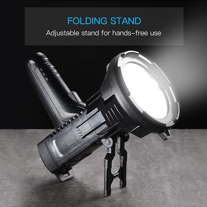 YIERBLUE Rechargeable Spotlight Flashlight 900000 High Lumen with Side Flood Light, IP66 Waterproof Spot Lights 20 Hours Long Lasting, with Foldable Stand and Detachable Red Filter