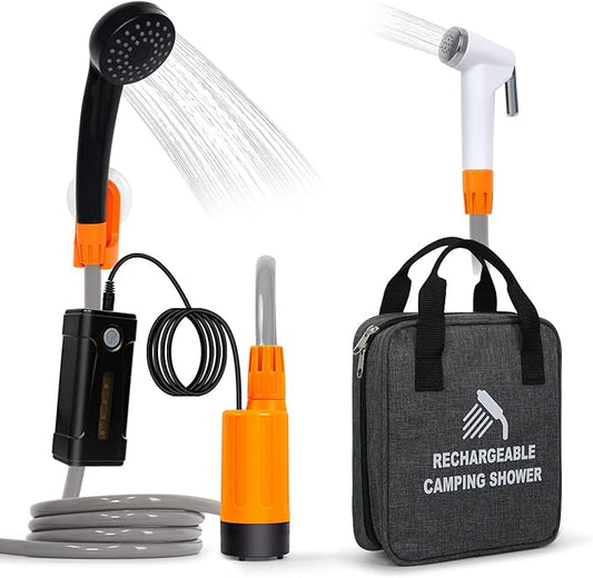 Portable Shower for Camping, Rechargeable Portable Camping Shower, Camp Shower with Double Portable Shower Head and 2 Flow Mode, Camping Shower for Hiking Beach Swimming Outdoor