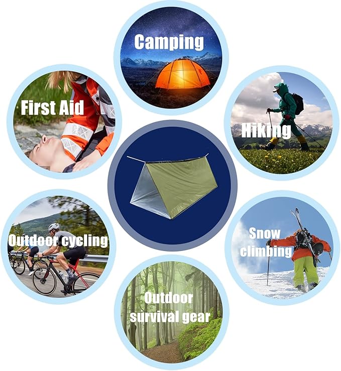 1 Piece Emergency Tent, Polyester Film Survival Tent with String Bundle Pocket Whistle,String with Buckle for Hiking, Camping, First Aid Hurricane