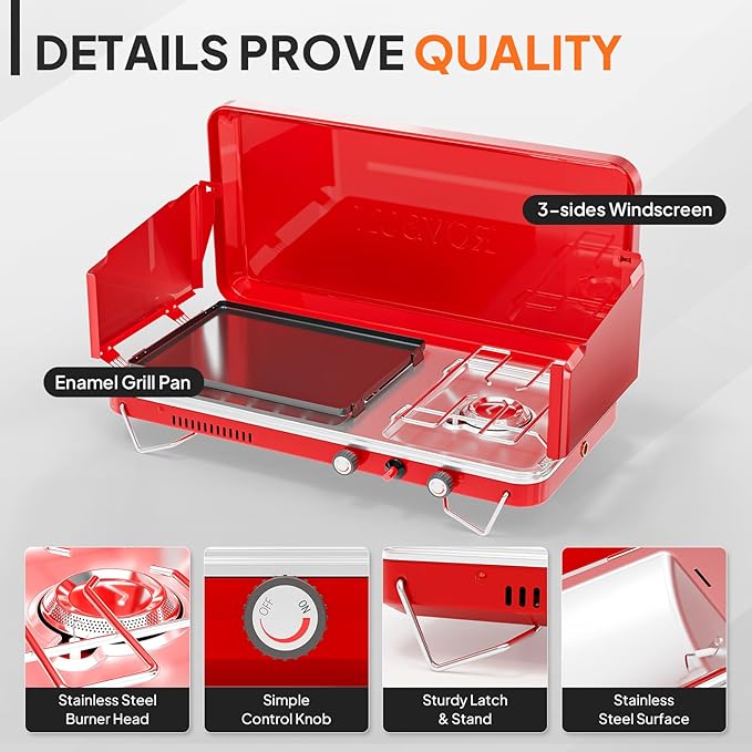 ROVSUN 2-in-1 Portable Camping Stove & Propane Grill with Enamel Griddle & Piezo Igniter, Tabletop Camp Stove with Built-in Handle, Wind Panel & Regulator for Camping, Tailgating, Grilling (Red)