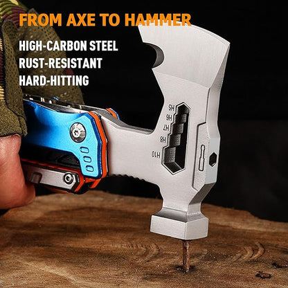 Camping Axe Multitool 17 IN 1, Foldable Camping Essentials Survival Gear Hatchet with Knife, Adjustable Wrench, Hammer, Screwdriver, Outdoor Multi Tool Stainless Steel Mens Gifts(Black)