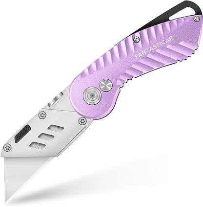 FantastiCAR Folding Utility Knife, Quick Blade Change Box Cutter, Anti-slip Metal Body, with Safety Lock and 5 Extra Blades (Purple)