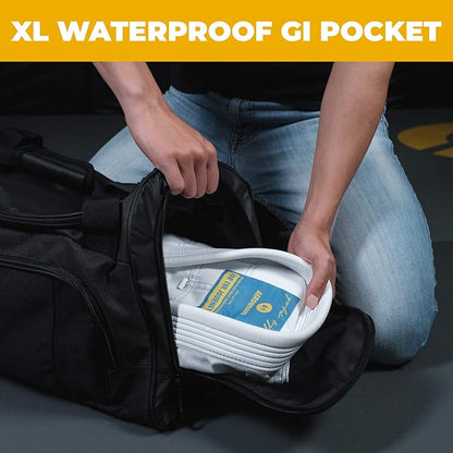 Gold BJJ Jiu Jitsu Duffle Bag - Waterproof Pocket for Sweaty Gi, Rashguard, or Shoes - The Perfect Duffel Bag for Martial Arts Gear, Boxing, MMA, and More