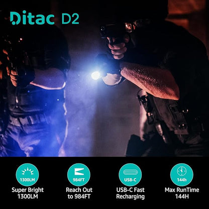 Ditac D2 Tactical Flashlight Dual Switch,1300 High Lumen Bright Led Handheld Flashlights Rechargeable with 3 Gear Adjustable Light & Strobe, Pocket Flashlight IPX8 Waterproof for Outdoor,Camping