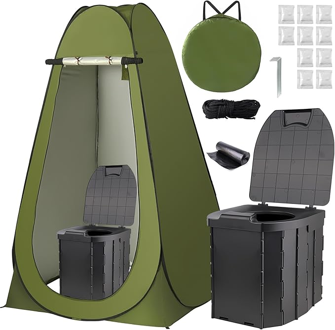 Portable Toilet and Privacy Tent for Adults, Pop Up Privacy Tent Outdoor X Large Camping Folding Toilet,1 Roll Toilet Bags, 10 Pack Liquid Waste Gel,Pop-up Tent for Toilet, Travel, Changing