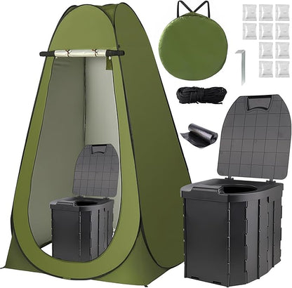 Portable Toilet and Privacy Tent for Adults, Pop Up Privacy Tent Outdoor X Large Camping Folding Toilet,1 Roll Toilet Bags, 10 Pack Liquid Waste Gel,Pop-up Tent for Toilet, Travel, Changing