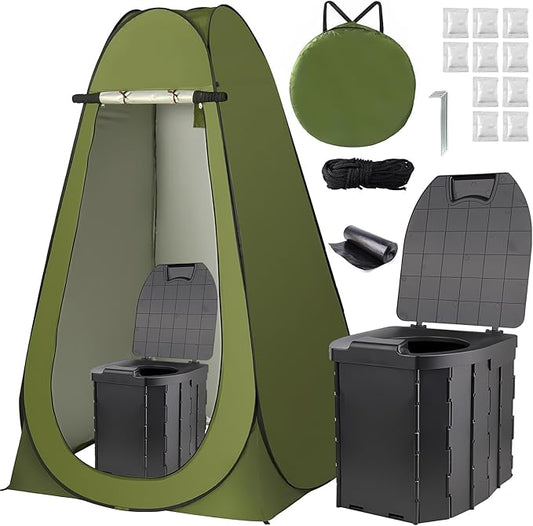Portable Toilet and Privacy Tent for Adults, Pop Up Privacy Tent Outdoor X Large Camping Folding Toilet,1 Roll Toilet Bags, 10 Pack Liquid Waste Gel,Pop-up Tent for Toilet, Travel, Changing
