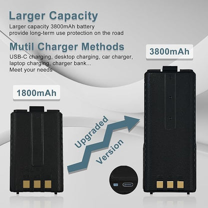 BAOFENG UV-5R Radio Battery Extended 3800mAh USB-C Charging Yellow Replacement for BF-F8HP New Version for BF-F8 Rechargeable Bl-5 Two Way Radio Battery