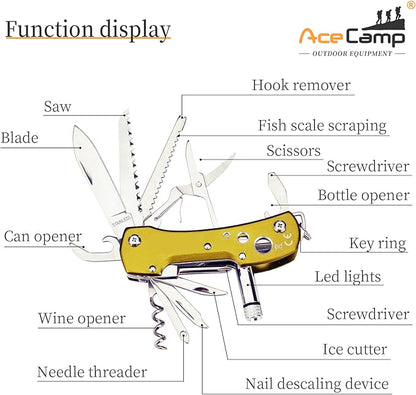 14-in-1 multifunctional pocket tools with led, knives, scissors, corkscrews, screwdrivers, for outdoor, camping, fishing
