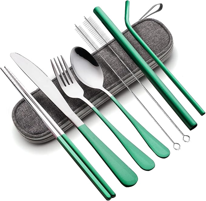 Travel Utensils with Case, Portable Travel Utensils Cutlery Set Stainless Steel Flatware Set for Camping 8pcs Including Dinner Knife Fork Spoon Chopsticks Boba Straw (Green)