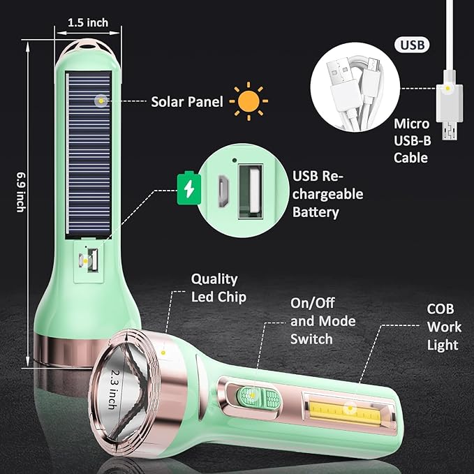 LED Flashlights, Bright Flashlights for Emergencies, Camping, Hiking, Walking, 3 Modes Flash Light with COB Work Light, Capable to Recharge Mobile Devices,fl-LL-5898-g-n