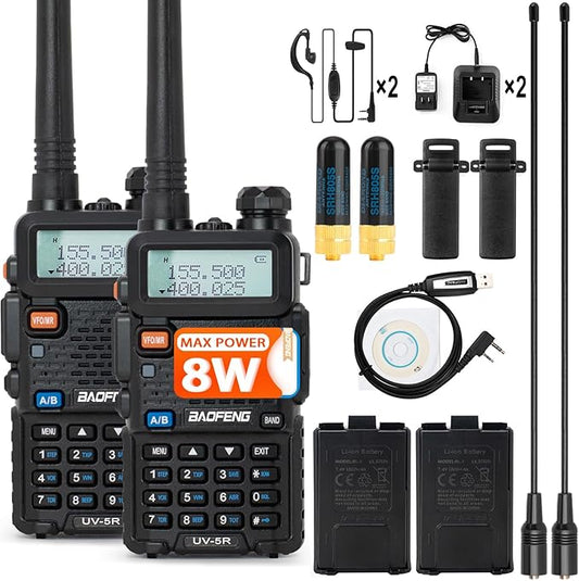 BaoFeng Radio UV-5R 8W 2Pack Handheld Ham Radios (VHF & UHF) with High Gain Antenna and Programming Cable (2Pack) (M)
