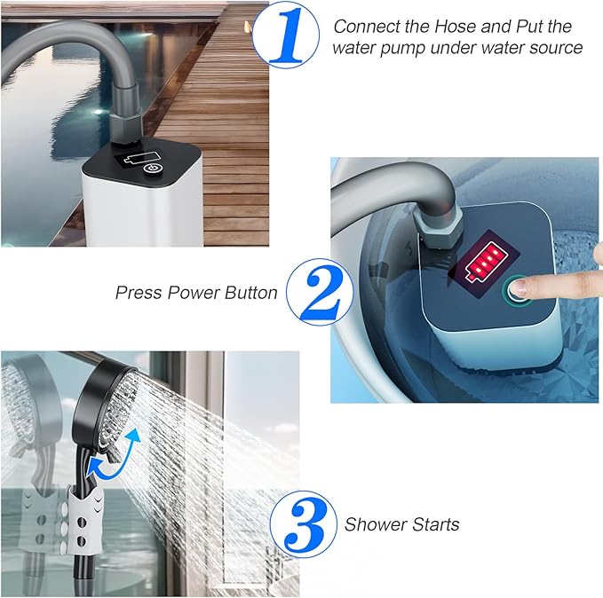 SoulBay Portable Shower with Pump for Camping Outdoor, Electric Rechargeable 5200mAh Battery Camp Shower with Adjustable Showerhead and Long Hose for Camper Sailor Traveler Shower Tent