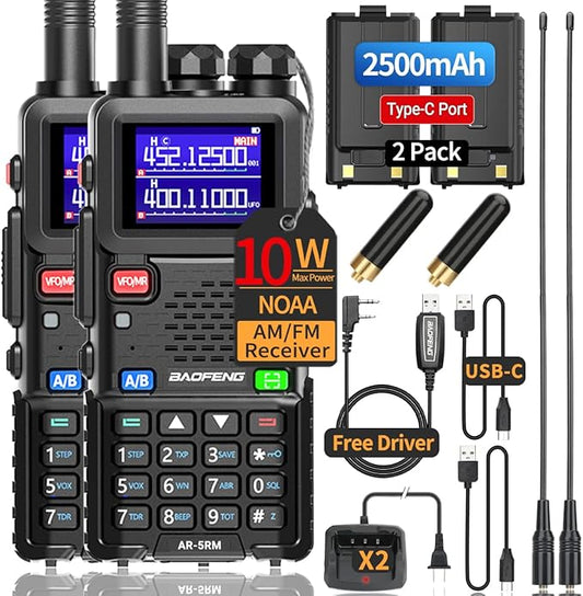 BaoFeng Radio 10W Ham Radio Long Range AR-5RM Handheld Two Way Radio NOAA Weather Receiver Rechargeable UV-5R Walkie Talkies, Copy Frequency 999CH with Type C Charging 2500mAh Battery (2 Pack)