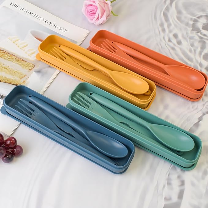Large Reusable Utensils Set with Case, 4 Sets Wheat Straw Travel Cutlery Set, Portable Spoon Knife Fork Lunch Box Utensil Set for Adults