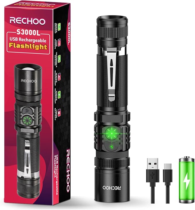 RECHOO Flashlight USB Rechargeable Double Switch S3000L LED Tactical Flashlight High Lumens Super Bright 5 Modes Zoomable Waterproof Flashlight for Camping, Emergency (Battery Included)