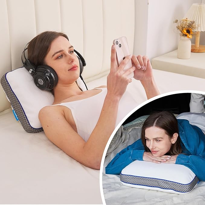 Camping Pillow Dual-Cover Memory Foam Pillows for Travel with Height Extender - 5 Layers Firm Support Small and Portable Camping Pillow for Sleeping (15'' × 9.5'',White)