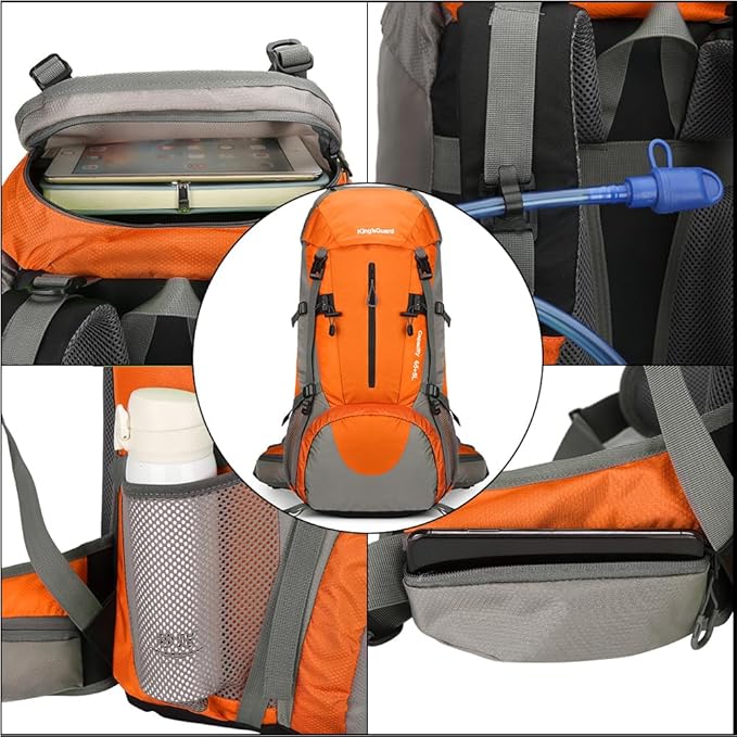 King'sGuard 70L Hiking Backpack Waterproof Camping Backpack with Rain Cover Large Lightweight Backpacking Backpack Daypack for Travel Outdoor -Frameless (Orange)