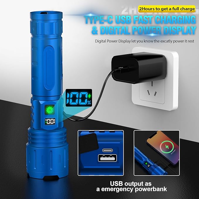 Flashlights 20000 High Lumens Rechargeable - 1500 Meters Long Beam Super Bright LED Flash Light with Power Display & IPX5 Waterproof for Camping, 20H Runtime,5 Modes,Zoomable Handheld Flashlight-Blue