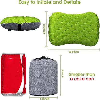 Inflatable Camping Pillow with Removable Cover - Ultralight Compact Camp Pillows for Sleeping, Backpacking, Hiking, Beach, Outdoor - Portable Blow Up Air Travel Pillow for Neck & Lumbar Support -Green