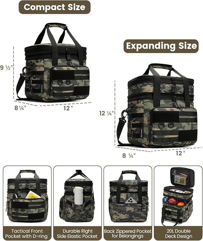 RalChyez Tactical Lunch Bag, 20L Large Heavy Duty Double Deck Insulated Lunch Box Leakproof Expandable Tote Cooler with Shoulder Strap for Adult Men Women Work Fishing Picnic Travel Ocp Camo