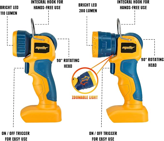 Mellif LED Work Light, Portable Flashlight for Dewalt 20V Max Battery (NOT Included), 90 Degree Pivoting Head, 110/280 Lumens of Brightness, Cordless, Zoomable, Jobsite (Yellow & Blue, L-Shape)