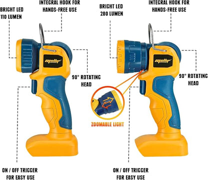 Mellif LED Work Light, Portable Flashlight for Dewalt 20V Max Battery (NOT Included), 90 Degree Pivoting Head, 110/280 Lumens of Brightness, Cordless, Zoomable, Jobsite (Yellow & Blue, L-Shape)