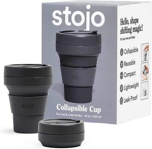 STOJO Collapsible Travel Cup - Carbon, 12oz / 355ml - Leak-Proof Reusable To-Go Pocket Size Silicone Bottle for Hot & Cold Drinks - Camping & Hiking - Dishwasher Safe - No Straw Included