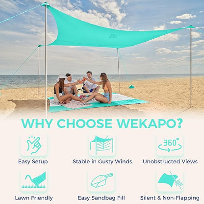 WEKAPO Beach Tent Sun Shelter - Easy Setup Beach Canopy with 4 Sturdy Poles, Extra Large Sandbags and Shovel, 7'8'' Tall, Windproof Sun Shade for Backyard and Camping, UPF 50+ Protection