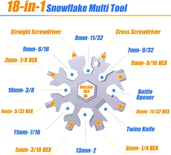 18-in-1 Snowflakes Multi Tool, Stainless Steel Keychain Multitool Portable Snowboarding Screwdriver -Bottle Opener for Christmas Gift for Mens