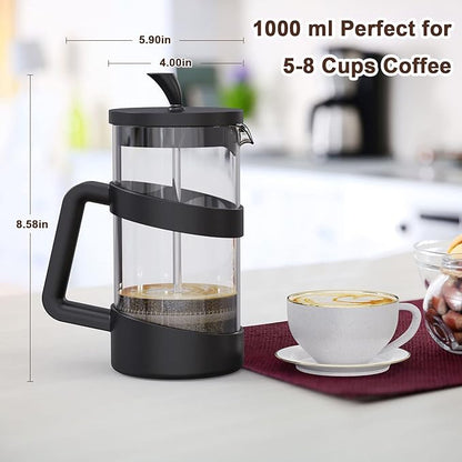 RAINBEAN Large French Press Glass Travel Camping Coffee Makers Pot, 34 oz Portable Cold Heat Press Coffee Tea Brewer