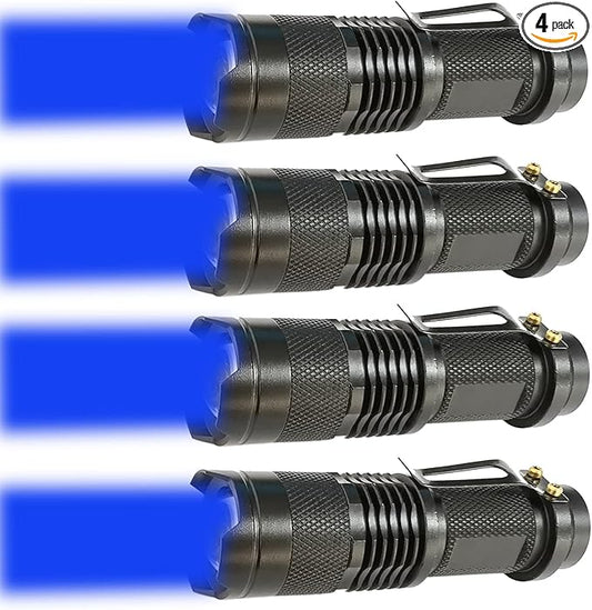 4 Pack One Mode Blue Light Flashlight with Clip Zoomable Blue LED Flashlight Blue Flashlight for Hunting Fishing