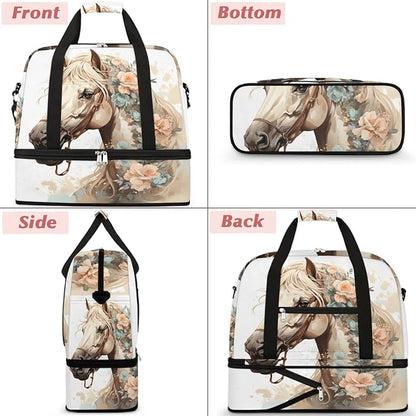 Foldable Travel Duffel Bag, Expandable Weekender Overnight Carry on Bags with Shoe Compartment Sport Tote Gym Luggage for Women Men, Horse