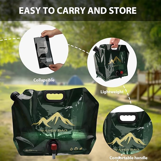 2PC-Collapsible Water Container Bag with Spigot,Outdoor Water Container,BPA Free Food Grade Water Jug,Folding Water Storage Bag for Camping,Hiking & Survival Kit,Sport,8L/2.1Gallon,-Beige/Green