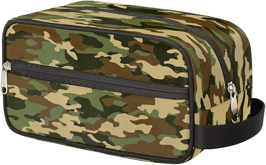 Green Camo Portable Travel Toiletry Bag, Geometry Camouflage Print Dopp Kit Cosmetic Organizer Makeup Bag Shower Shaving Bag for Men Women
