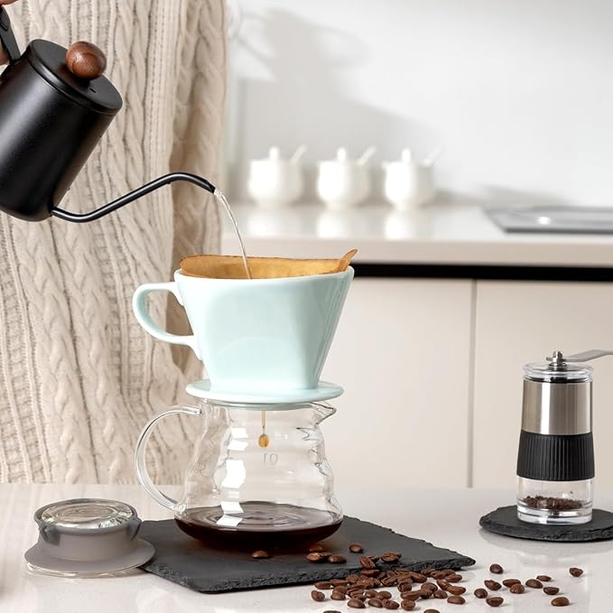 Pour Over Ceramic - Coffee Dripper Ceramic Coffee Maker with 3 Holes Flat Bottom, Porcelain Slow Filter Cone for Travel, Camping, Office, Home, Coffee Maker Brew…