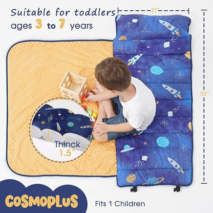 COSMOPLUS Toddler Nap Mat for Daycare: Kids Sleeping Bag with Pillow and Blanket Set for Preschool Kindergarten Boys Girls Travel Naptime Extra Long Thick Padded Easy Roll up