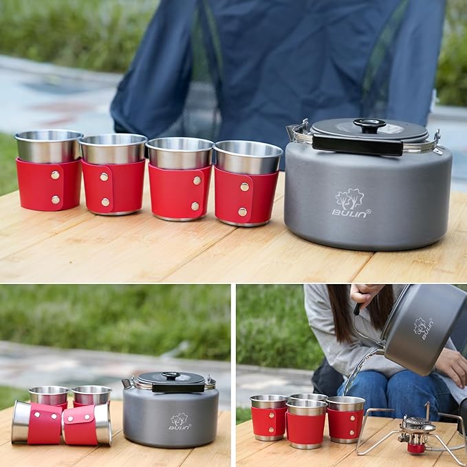 Bulin 2.2L Camping Kettle Set with 4 Cups Lightweight Aluminum Camp Tea Coffee Pot with 4 Stainless Steel Cups for Outdoor Camping Cookware Hiking Backpacking Kitchen Campfire and Picnic, Carrying Bag