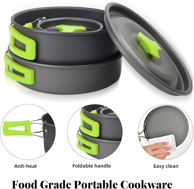 Camping Essentials Cookware Cooking Set, Camping Pots and Pans Set for Backpacking Gear, Car Camping Mess Kit for Camping Stove, Camp Kitchen with Camping Kettle, Pour Over Coffee Dripper
