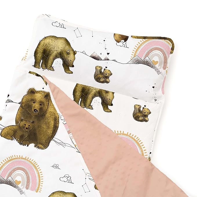 JumpOff Jo - Extra Long Toddler Nap Mat for Preschool, Daycare and Kindergarten - Sleeping Bag for Kids with Removable Pillow and Ultra Soft Blanket - Rainbow Bears