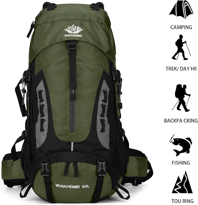 60L Hiking Backpack Men Camping Backpack with rain cover Lightweight Backpacking Backpack Travel Backpack (Army Green)
