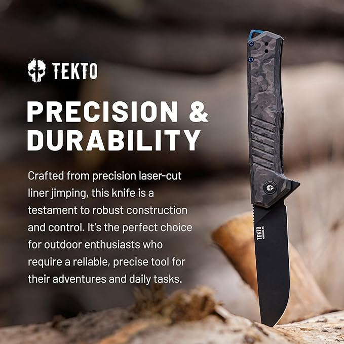 F1 Alpha Folding Pocket Knife - Modified Straight Back Blade, Titanium Coated D2 Steel, Ideal for Outdoor Camping & Backpacking,Tactical Forged Carbon Fiber Handle, Blue Titanium Accents